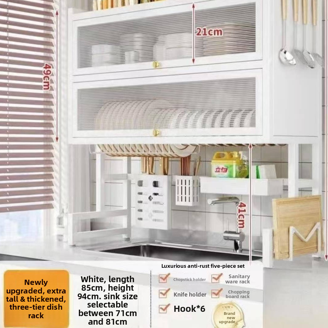 Double Layer Kitchen Sink Rack - Dustproof Draining Storage Cabinet