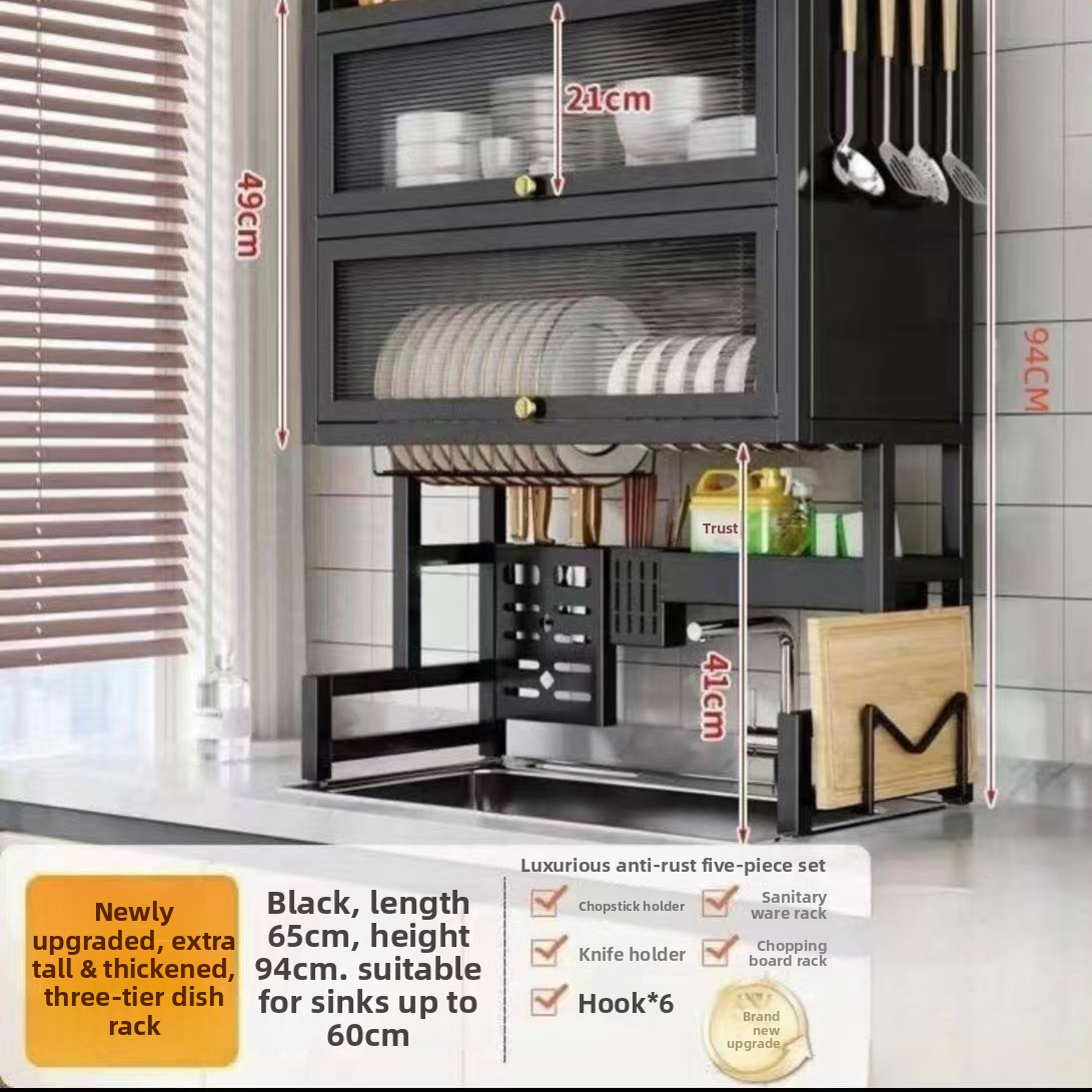 Double Layer Kitchen Sink Rack - Dustproof Draining Storage Cabinet