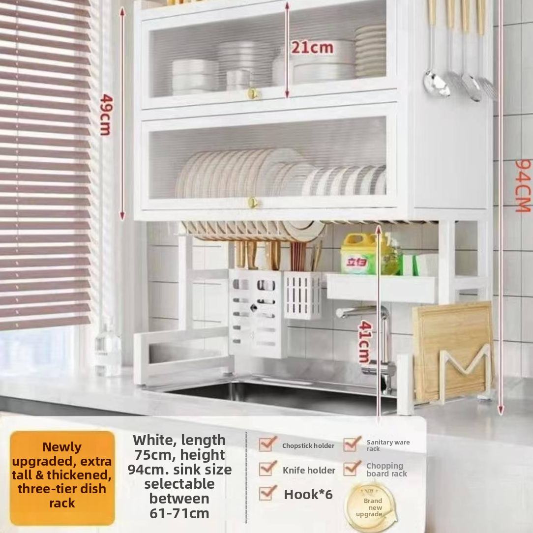 Double Layer Kitchen Sink Rack - Dustproof Draining Storage Cabinet