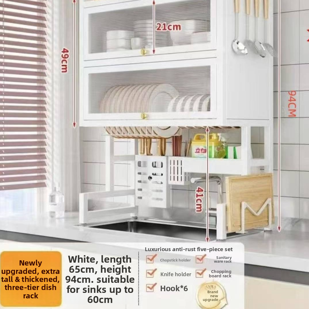 Double Layer Kitchen Sink Rack - Dustproof Draining Storage Cabinet